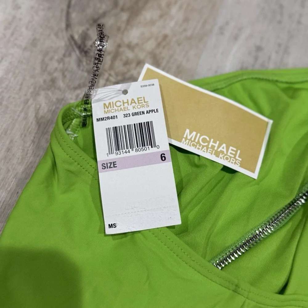 Michael Kors Zip Front One Shoulder One‎ Piece Swimsuit Green Apple Size 6 NWT